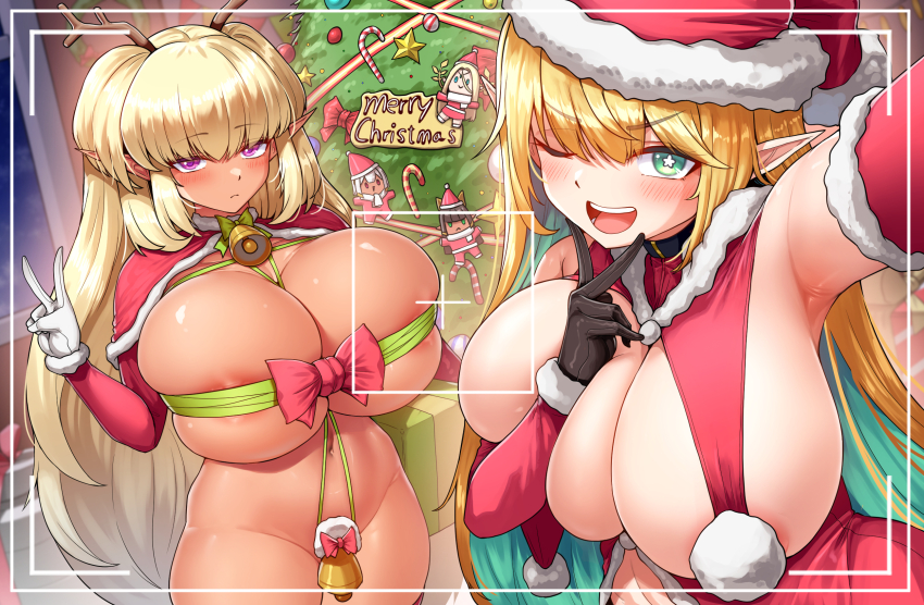 2girls animal_ears antlers armpits bell black_hair blonde_hair blush breasts budget_sarashi candy candy_cane capelet cerestia_of_life cho!cho! christmas christmas_ornaments christmas_tree commentary dark-skinned_female dark_elf dark_elven_forest_ranger dark_skin elf elven_forest_maker english_commentary fake_animal_ears food frown gingerbread_man gloves green_eyes hat hathor_(last_origin) highres horns huge_breasts last_origin long_hair long_sleeves looking_at_viewer merry_christmas multiple_girls neck_bell one_eye_closed pointy_ears purple_eyes red_eyes reindeer_antlers revealing_clothes ribbon santa_costume santa_hat sarashi sekhmet_of_death shrug_(clothing) smile star-shaped_pupils star_(symbol) symbol-shaped_pupils two_side_up very_long_hair viewfinder white_gloves white_hair