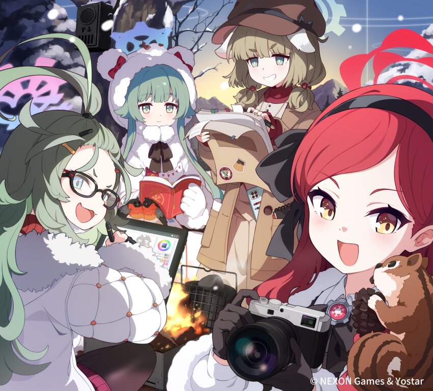 4girls animal_ears animal_hands bear_ears black_gloves blue_archive camera closed_mouth coat commentary_request fake_animal_ears fang glasses gloves green_hair halo highres holding holding_camera ideolo long_hair long_sleeves looking_at_viewer meru_(blue_archive) momiji_(blue_archive) multiple_girls official_art open_mouth outdoors paw_gloves red_hair smile squirrel takane_(blue_archive) white_coat white_gloves winter_clothes winter_coat yakumo_(blue_archive) yellow_eyes