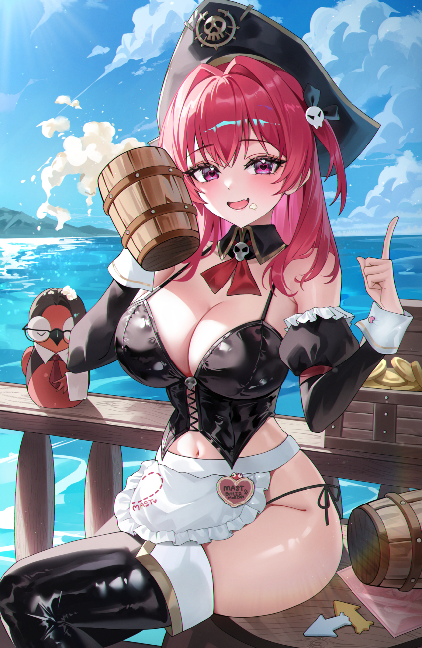 1girl absurdres apron barrel beer_mug bicorne bikini black_corset black_hat black_sleeves blue_sky blush bottle breasts character_name cleavage cloud cloudy_sky commentary corset cup detached_sleeves english_commentary frilled_apron frills goddess_of_victory:_nikke hair_intakes hair_ornament hat heart heart_in_eye highres holding holding_cup index_finger_raised juliet_sleeves large_breasts long_hair long_sleeves looking_at_viewer maid_apron mast_(nikke) mast_(romantic_maid)_(nikke) mella_(mell_a12) mug navel ocean official_alternate_costume official_alternate_hairstyle open_mouth pirate_hat puffy_sleeves red_hair side-tie_bikini_bottom sitting skull_hair_ornament sky smile solo swimsuit symbol_in_eye two_side_up waist_apron