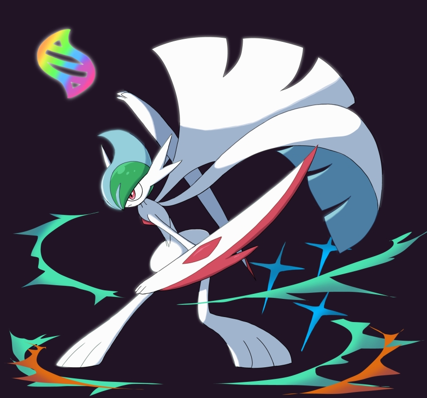 1boy arm_blade arm_up blue_hair closed_mouth colored_skin fighting_stance full_body gallade gen_4_pokemon green_hair hair_over_one_eye highres leaning_forward legs_apart looking_afar male_focus mega_evolution mega_evolution_symbol mega_gallade mega_pokemon mohawk monya multicolored_hair nintendo one_eye_covered pokemon pokemon_(creature) purple_background red_eyes serious short_hair solo two-tone_hair weapon white_skin