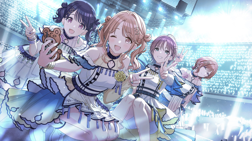 4girls aqua_eyes artist_request asakura_toru black_hair brown_eyes brown_hair concert dutch_angle fangs fukumaru_koito glowstick highres higuchi_madoka ichikawa_hinana idol idolmaster idolmaster_shiny_colors long_hair multiple_girls nail_polish noctchill_(idolmaster) official_art one_eye_closed open_mouth purple_eyes selfie short_hair skin_fangs skirt stage stage_lights twintails v