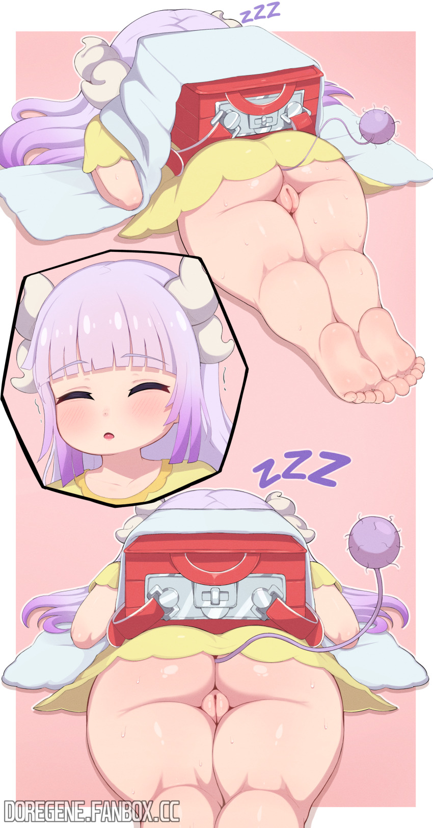 1girl absurdres ass backpack bag blush border bottomless cleft_of_venus closed_eyes doregene dot_nose dragon_girl dragon_horns dress fanbox_username feet highres horns huge_ass kanna_kamui kobayashi-san_chi_no_maidragon kyojiri_loli legs loli long_hair lying multiple_views no_panties on_stomach parted_lips pink_background purple_hair pussy randoseru sleeping soles solo sweat tail thick_thighs thighs toes uncensored white_border yellow_dress zzz