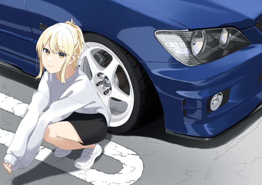 1girl absurdres black_shorts blonde_hair car closed_mouth highres long_sleeves looking_at_viewer love_live! love_live!_nijigasaki_high_school_idol_club medium_hair miyashita_ai motor_vehicle orange_eyes ponytail s_sho_mkrn shoes shorts sidelocks sleeves_past_wrists smile solo squatting sweater toyota toyota_altezza white_shoes white_sweater