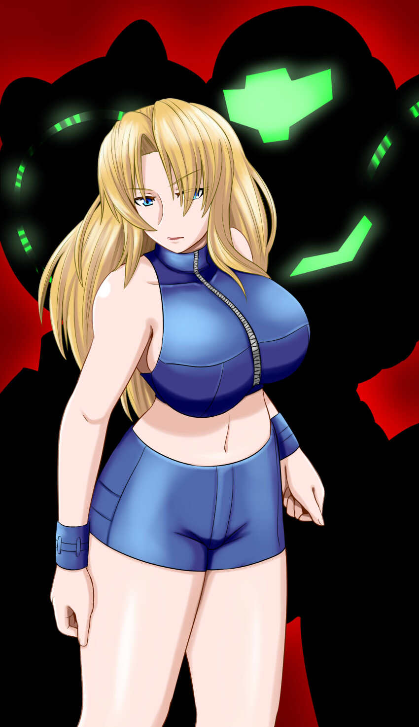 1girl arms_at_sides artist_request bare_shoulders blonde_hair blue_eyes blue_shirt blue_shorts blue_wrist_cuffs bracelet breasts clenched_hands collarbone eyelashes female_focus fingernails hair_intakes hair_over_one_eye highres jewelry large_breasts legs long_hair metroid metroid_fusion midriff navel nintendo official_alternate_costume official_alternate_hairstyle parted_bangs power_suit_(metroid) red_background samus_aran serious shirt short_shorts shorts sideboob sidelocks sports_bra standing tall_female thighs unworn_armor wrist_cuffs zipper zipper_pull_tab