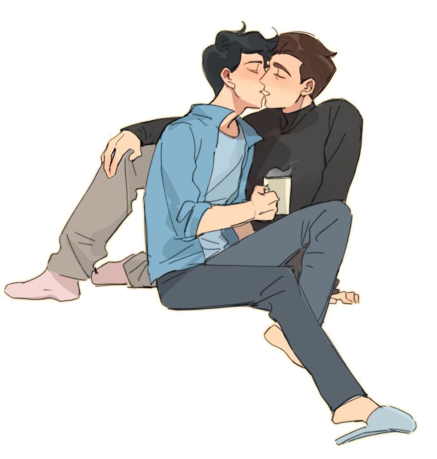 2boys anthony_stellar black_hair black_shirt black_sweater blue_jacket blue_shirt blush brown_hair closed_eyes couple cup elijah_douchnov full_body grey_pants highres holding holding_cup imminent_kiss jacket kiss long_sleeves male_focus mug multiple_boys my_student_spirit open_clothes open_jacket pants shirt short_hair simple_background sitting slippers socks sweater turtleneck turtleneck_sweater white_background yaoi yy20251111