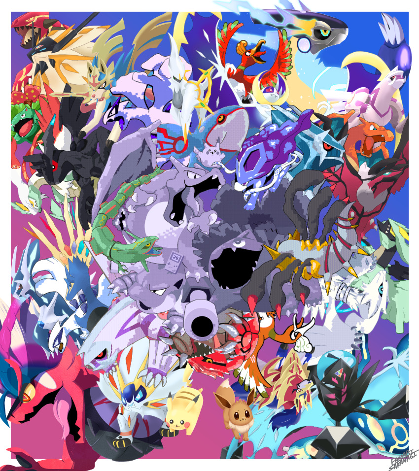3d :3 absurdres anniversary arceus black_kyurem black_kyurem_(overdrive) black_sclera blastoise border charizard claws closed_mouth colored_sclera commentary_request dialga eevee everyone evolutionary_line fangs fat_pikachu game_boy game_boy_(original) gen_1_pokemon gen_2_pokemon gen_3_pokemon gen_4_pokemon gen_5_pokemon gen_6_pokemon gen_7_pokemon gen_8_pokemon giratina giratina_(origin) gradient_background green_sclera groudon handheld_game_console highres ho-oh holding holding_sword holding_weapon jaggy_lines koraidon kyogre kyurem legendary_pokemon lugia lunala miraidon mixed_media mouth_hold multicolored_eyes mythical_pokemon necrozma necrozma_(dawn_wings) necrozma_(dusk_mane) nintendo no_humans non-humanoid_robot open_mouth orange_eyes palkia pikachu pixel_eyes pokemon pokemon_(creature) pokemon_bdsp pokemon_bw pokemon_bw2 pokemon_day pokemon_dppt pokemon_emerald pokemon_focus pokemon_frlg pokemon_gsc pokemon_hgss pokemon_legends:_arceus pokemon_lgpe pokemon_oras pokemon_platinum pokemon_rgby pokemon_rse pokemon_sm pokemon_sv pokemon_swsh pokemon_usum pokemon_xy primal_groudon primal_kyogre rayquaza red_eyes reshiram robot sakanagi_(a_r_co) sharp_teeth signature smile solgaleo suicune sword sword_in_mouth teeth tongue venusaur weapon white_border white_kyurem white_kyurem_(overdrive) xerneas yellow_eyes yellow_sclera yveltal zacian zacian_(crowned) zamazenta zamazenta_(crowned) zekrom