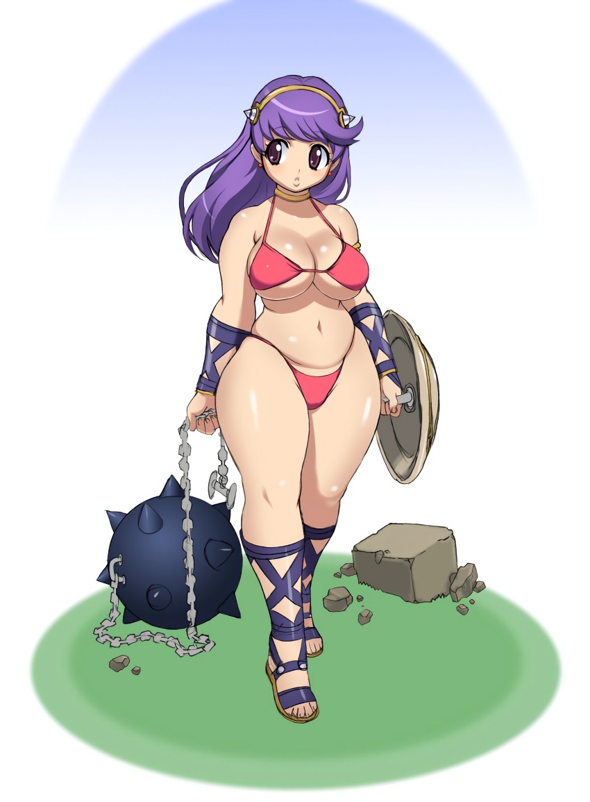 1girl absurdres ankle_lace-up athena_(series) ball_and_chain_(weapon) belly bikini breasts cleavage curvy flail gladiator_sandals highres hip_focus large_breasts legs long_hair navel pink_bikini pink_eyes plump princess_athena purple_hair sandals shield solo swimsuit thick_thighs thighs uno_makoto warrior weapon wide_hips