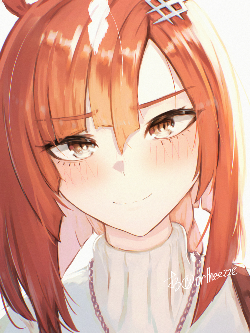 1girl animal_ears blush brown_eyes closed_mouth commentary_request hair_ornament highres horse_ears horse_girl ikuno_dictus_(casual)_(umamusume) ikuno_dictus_(umamusume) jewelry necklace no_eyewear orange_hair orusun portrait smile solo sweater turtleneck turtleneck_sweater twitter_username umamusume white_sweater