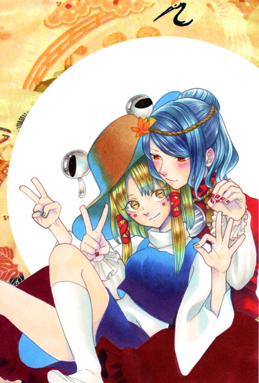 2girls :> animal autumn_leaves bird blonde_hair blue_hair blue_skirt blue_vest blush bow breasts brown_headwear crane_(animal) extra_eyes facial_tattoo fang frilled_shirt frilled_shirt_collar frilled_skirt frilled_sleeves frills frog frog_girl green_nails hair_bow hair_bun hair_ornament hairband hat highres horizontal_pupils jewelry kneehighs layered_shirt layered_sleeves leaf leaf_hair_ornament leaf_on_head leaf_print long_hair long_skirt medium_hair mirror moriya_suwako multiple_girls nail_polish necklace nose_blush ok_sign bad_tag red_bow red_eyes red_nails red_shirt red_skirt rope rope_necklace saliva shirt sidelocks single_hair_bun sitting sitting_on_person skin_fang skirt slit_pupils small_breasts smile socks sweater tassel tattoo touhou traditional_media turtleneck turtleneck_sweater v vest wavy_hair white_sleeves white_socks white_sweater whoru wide_sleeves yasaka_kanako yellow_eyes