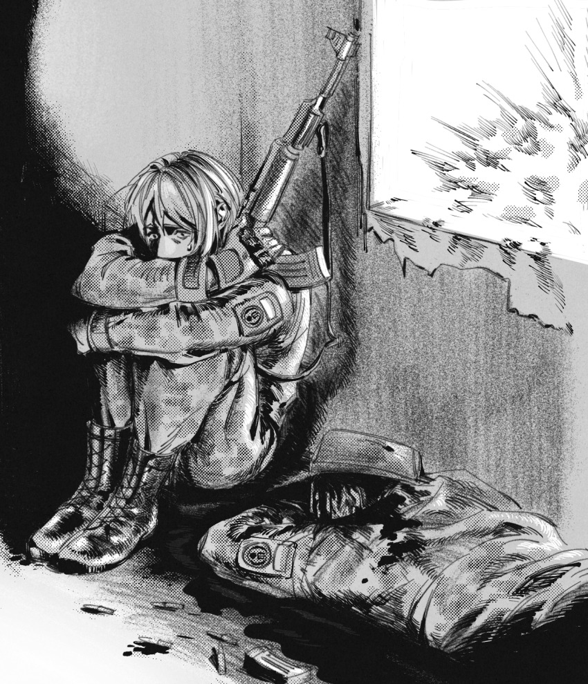 1boy 1other ak-47 assault_rifle battle_of_bucha blood boots camouflage camouflage_jacket camouflage_pants commission commissioner_upload corpse death explosion full_body greyscale gun hat hiding highres holding holding_weapon hugging_object hugging_own_legs international_legion_of_ukraine jacket kalashnikov_rifle kenneth_del_duca lace-up_boots long_hair long_sleeves lying male_focus monochrome nervous_sweating non-web_source on_stomach original pants peaked_cap pool_of_blood postal_(game) rifle russo-ukrainian_war scared sitting soldier sweat sweetrinaxd weapon wide-eyed window writing