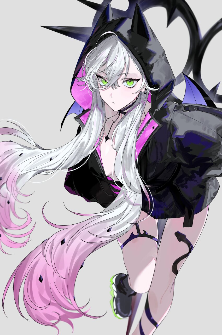 1girl absurdres black_jacket body_markings breasts choker cleavage commentary_request crossed_bangs demon_girl demon_horns demon_wings ear_piercing fate/grand_order fate_(series) green_eyes grey_hair hair_between_eyes highres hood horns jacket lilith_(fate) lilith_(first_ascension)_(fate) long_hair long_sleeves looking_at_viewer low_twintails medium_breasts oversized_object piercing scissors shoes sneakers solo thigh_strap thighs twintails wings yurumawari