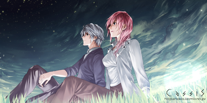 10s 1boy 1girl bad_id bad_pixiv_id casual claire_farron couple eclair_farron field final_fantasy final_fantasy_xiii final_fantasy_xiii-2 grass hetero hope_estheim bad_tag lightning_farron lightning_returns:_final_fantasy_xiii long_hair night night_sky pink_hair rioko short_hair silver_hair sitting sky square_enix star_(sky) starry_sky white_hair