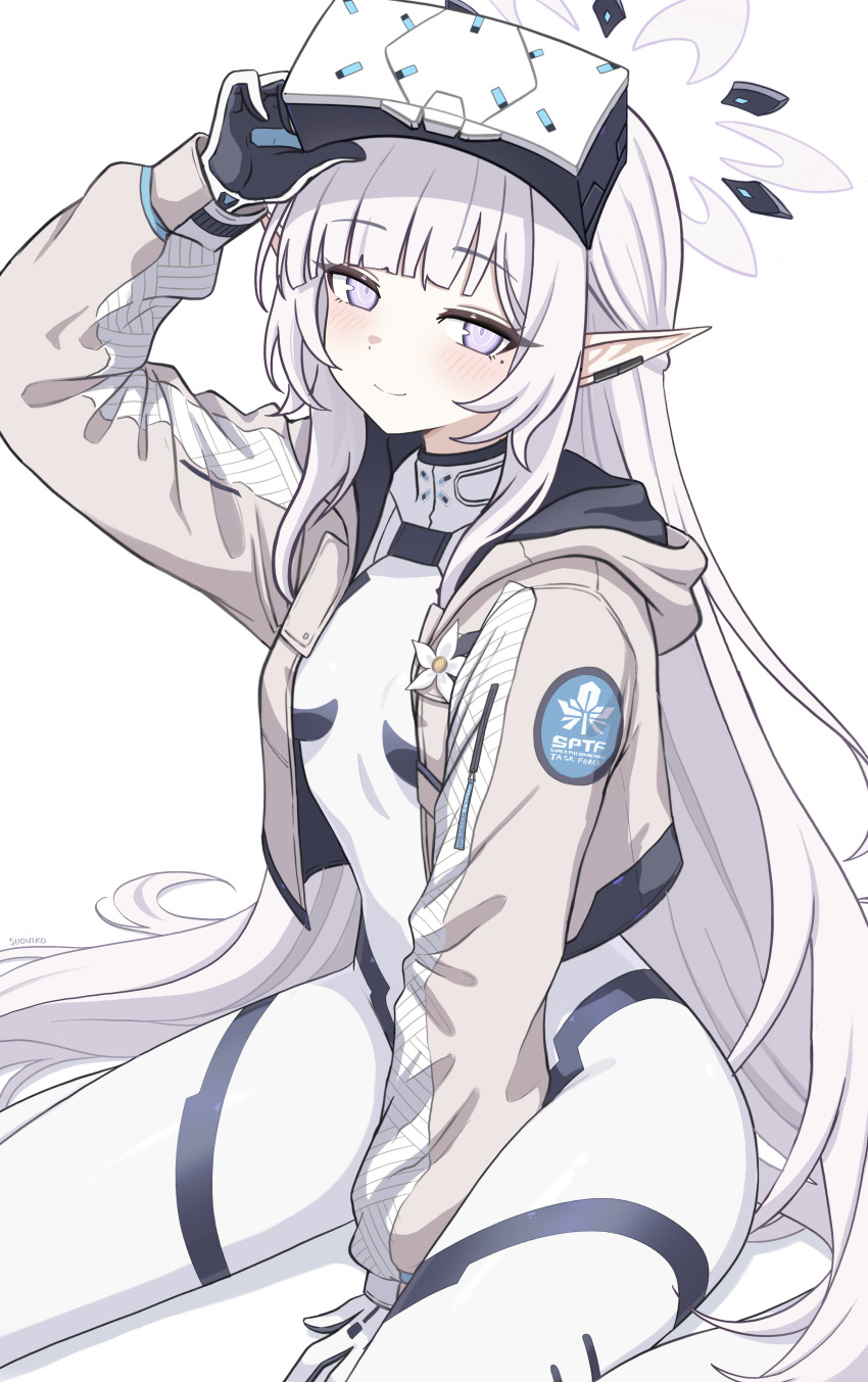 1girl absurdres blue_archive bodysuit commentary earclip english_commentary flower grey_jacket halo head-mounted_display highres himari_(armed)_(blue_archive) himari_(blue_archive) jacket long_hair long_sleeves looking_at_viewer mole mole_under_eye multicolored_halo official_alternate_costume pointy_ears seiza simple_background sitting smile solo suoniko two-tone_halo white_background white_bodysuit white_flower white_hair white_halo