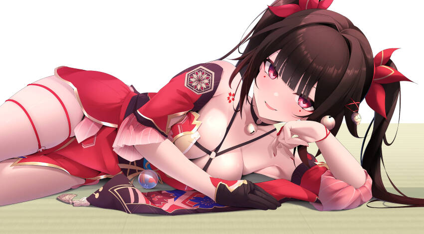 1girl absurdres armpits bare_shoulders bell black_choker black_sash breasts brown_hair chest_tattoo choker circle_facial_mark cleavage commentary_request criss-cross_halter detached_sleeves dress facial_mark flower_tattoo fox_mask gloves hair_ornament hair_ribbon halterneck highres honkai:_star_rail honkai_(series) long_hair looking_at_viewer lying mark_under_both_eyes mask mask_on_head medium_breasts neck_bell o-ring o-ring_thigh_strap on_side open_mouth pink_eyes red_dress red_ribbon red_sleeves ribbon sash single_glove smile solo sparkle_(honkai:_star_rail) tattoo tetori_(tetolisto) thigh_strap thighs twintails
