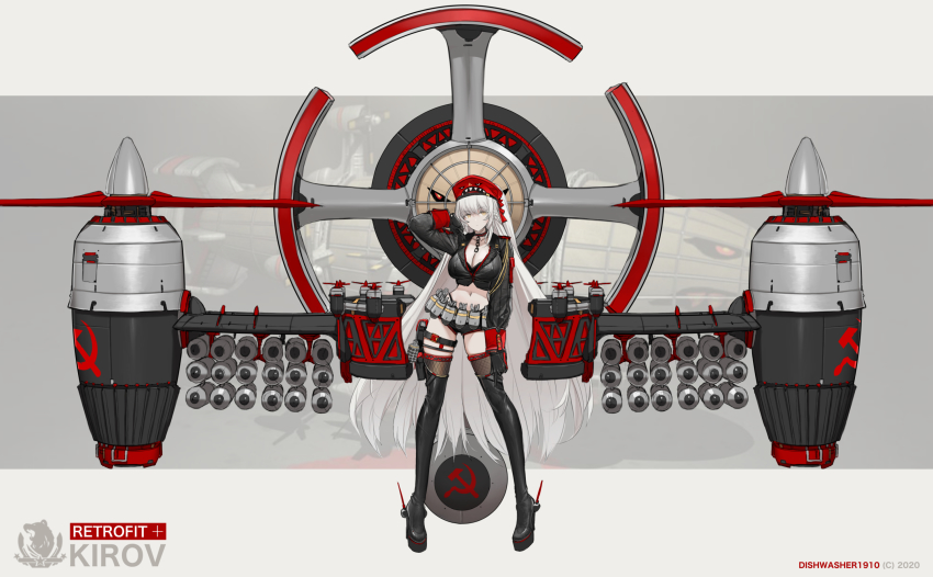 1girl arm_up artist_name azur_lane belt_pouch black_bra black_gloves black_jacket black_shorts bomb boots bra bra_peek breasts brown_thighhighs chain choker cleavage collarbone command_&amp;_conquer command_&amp;_conquer:_red_alert command_&amp;_conquer:_red_alert_2 command_&amp;_conquer:_red_alert_3 commentary crop_top cropped_jacket dishwasher1910 explosive expressionless female_focus fishnet_thighhighs fishnets full_body gloves highleg highres jacket kirov_(azur_lane) kirov_airship large_breasts leg_belt long_hair long_sleeves looking_at_viewer machinery micro_shorts midriff missile name_connection navel original platform_boots platform_footwear pouch red_headwear shorts silver_hair solo standing stomach thigh_boots thighhighs thighhighs_under_boots thighs underwear very_long_hair wing_collar yellow_eyes