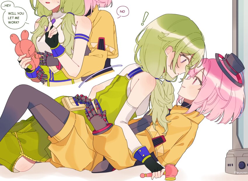 2girls android black_gloves black_hat blush commentary doll dress english_text eye_contact fingerless_gloves gloves green_dress green_hair hand_on_another's_waist hat highres holding holding_doll hug hug_from_behind jacket jewelry kusanagi_nene long_hair looking_at_another multiple_girls necklace ootori_emu parted_lips pink_eyes pink_hair project_sekai purple_eyes short_hair shorts simple_background smile speech_bubble sweat the_coconutnut twintails white_background yellow_jacket yellow_shorts yuri
