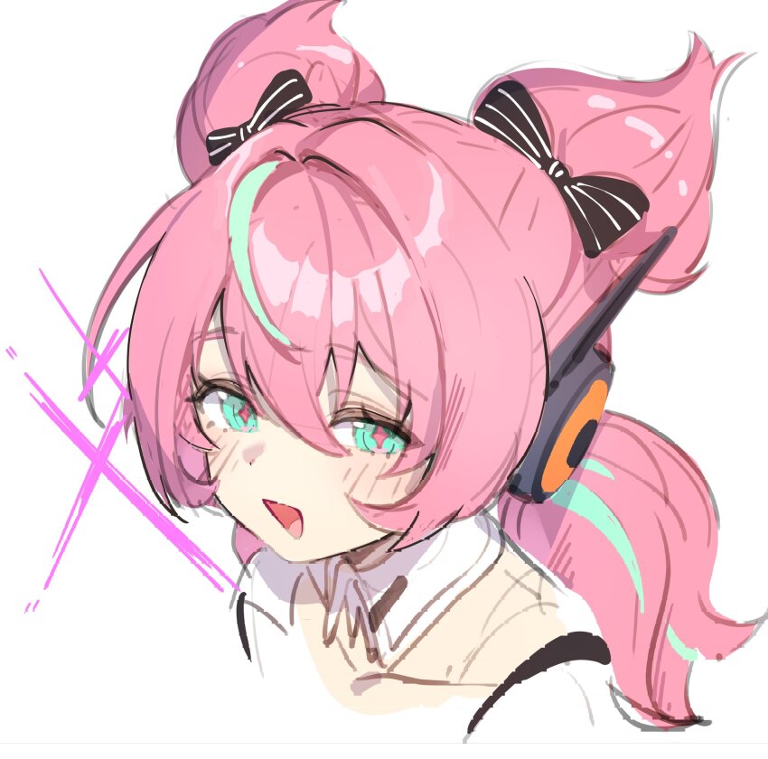 1girl :d aqua_hair aqua_streaks aria_(zenless_zone_zero) black_bow bow green_eyes hair_between_eyes hair_bow highres kkochmanyeo multicolored_hair open_mouth pink_hair portrait simple_background smile solo streaked_hair white_background zenless_zone_zero