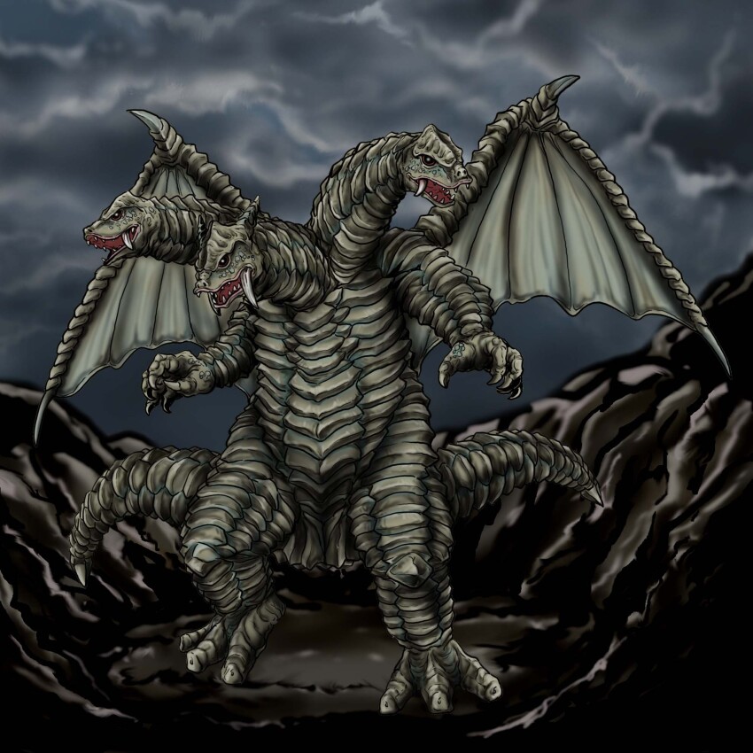 1boy black_eyes claws cloud cloudy_sky colored_skin commentary dragon dragon_horns dragon_wings fangs full_body fusion giant giant_monster godzilla_(series) grey_skin highres horns kaiju king_ghidorah multiple_heads multiple_tails name_connection no_humans nostrils open_mouth outdoors red_king_(ultra_series) satoru33 scales sharp_teeth sky standing tail teeth two_tails ultra_series wings