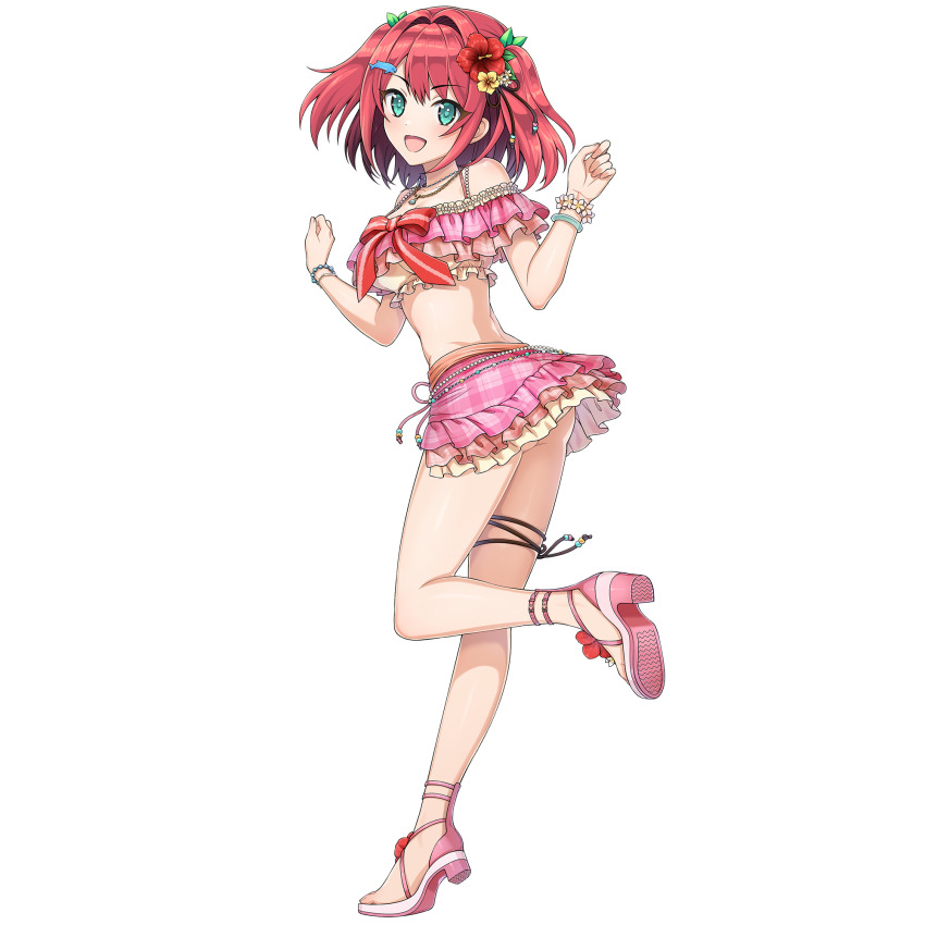 1girl :d arms_up ass_peek bikini bikini_skirt bracelet breasts dolphin_hair_ornament dolphin_wave flower from_behind full_body game_cg hair_flower hair_intakes hair_ornament high_heel_sandals high_heels highres jewelry looking_at_viewer looking_back medium_hair necklace non-web_source official_art ootomo_takuji open_mouth pink_bikini pink_shoes red_hair sakimiya_kohari sandals shoes small_breasts smile solo swimsuit transparent_background two_side_up