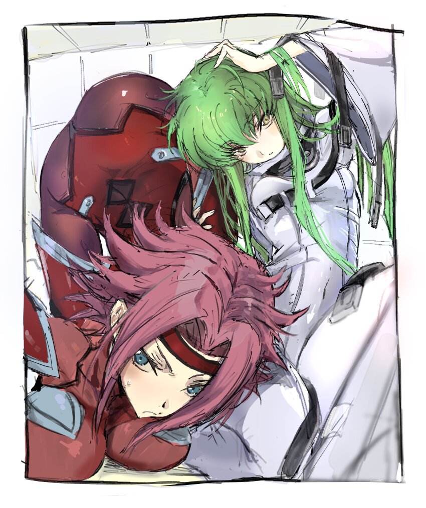 2girls 8de3wn absurdres ass blue_eyes bodysuit border breasts c.c. closed_mouth code_geass cramped green_hair hand_on_own_head headband highres kouzuki_kallen large_breasts long_hair mecha_pilot_suit medium_hair multiple_girls parted_bangs red_bodysuit red_hair red_headband simple_background small_breasts thighs white_border yellow_eyes
