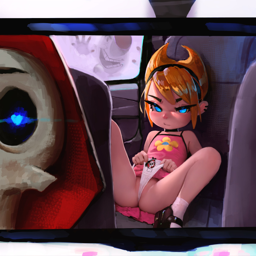 1girl 2boys against_glass billy_(grim_adventures) black_cloak black_eyes black_hairband blonde_hair blue_eyes car_interior cloak closed_mouth ear_piercing fiz-rot flat_chest frontal_wedgie hairband highres hood hooded_cloak indoors loli long_hair looking_at_viewer mandy_(grim_adventures) mirror multiple_boys open_mouth panties piercing pink_tank_top print_panties reflection self_wedgie sitting skeleton smile tank_top the_grim_adventures_of_billy_&amp;_mandy underwear wedgie white_panties