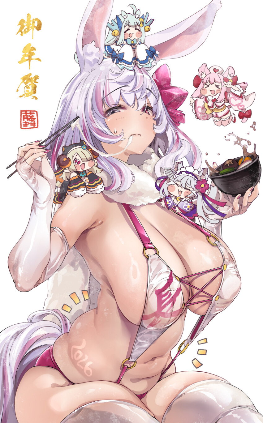 2026 5girls absurdres animal_ears blonde_hair bowl breasts chibi chopsticks commentary_request food grey_eyes heterochromia highres holding holding_bowl holding_chopsticks horse_ears horse_girl horse_tail inori_marie kouya_no_naga_samurai large_breasts looking_at_viewer mikoshiba_mikoto_(vtuber) miyako_miyuri multicolored_hair multiple_girls navel new_year pink_hair plump red_eyes sagging_breasts simple_background slingshot_swimsuit stomach swimsuit tail tenshouin_himeno thighhighs thighs thomasz two-tone_hair usamasu_(vtuber) virtual_youtuber white_background white_hair white_slingshot_swimsuit white_thighhighs