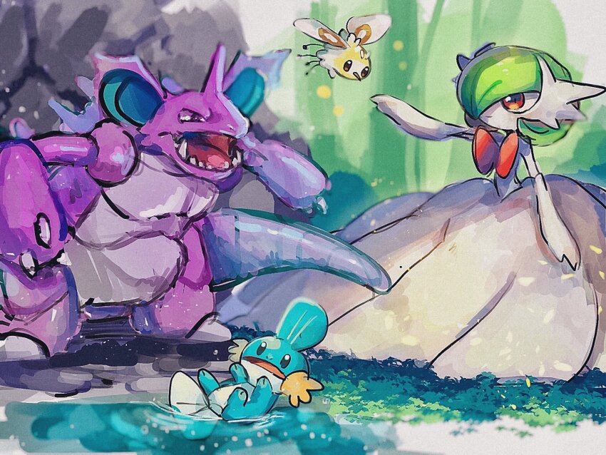 blue_skin colored_skin cutiefly dress elbow_gloves fangs gardevoir gen_1_pokemon gen_3_pokemon gen_7_pokemon gloves grass hanenbo highres horns insect_wings mega_gardevoir mega_pokemon mudkip nidoking nintendo open_mouth pink_eyes pokemon pokemon_(creature) purple_skin single_horn water white_dress white_gloves white_skin wings