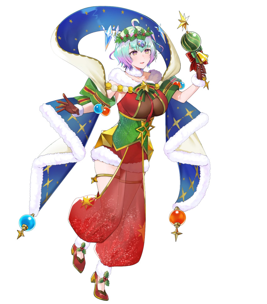 1girl ahoge attack blue_hair breasts crystal fire_emblem fire_emblem_heroes gloves green_eyes highres holding holding_wand large_breasts mistletoe mistletoe_hair_ornament nintendo non-web_source official_alternate_costume official_art parted_lips red_gloves see-through_clothes seidr_(fire_emblem) seidr_(winter)_(fire_emblem) shawl short_hair smile solo star_(symbol) star_print wand