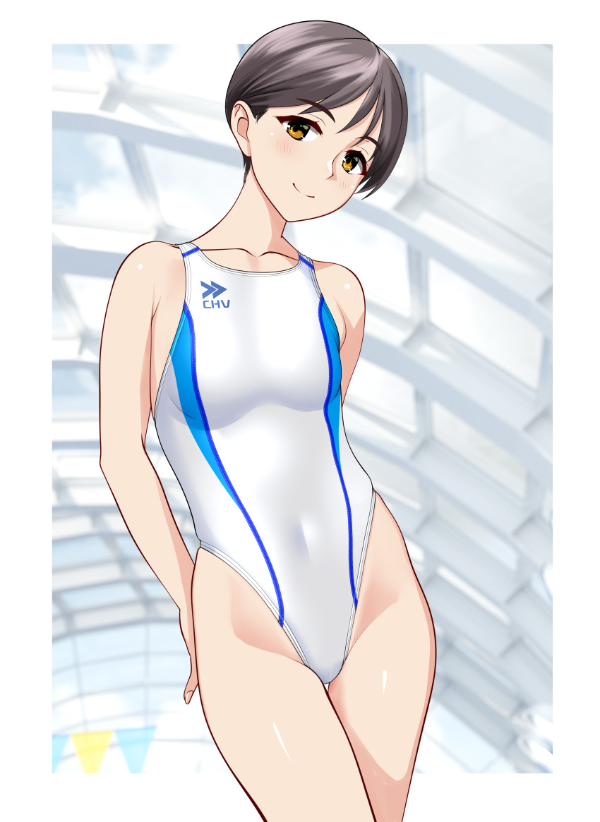 1girl absurdres black_hair breasts brown_eyes collarbone commentary_request competition_swimsuit covered_navel glass_ceiling groin highleg highleg_one-piece_swimsuit highres indoors looking_at_viewer mature_female medium_breasts multicolored_swimsuit one-piece_swimsuit original short_hair smile solo string_of_flags swimsuit takafumi variant_set white_one-piece_swimsuit