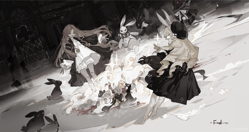 absurdres animal animal_ears back_bow bare_legs barefoot beads beret black_bow black_dress black_gloves black_hat black_robe blonde_hair bloomers bow buttons check_copyright clothed_animal commentary copyright_request doll_joints dress explosion face-to-face flower frilled_sleeves frills from_behind gloves hat hat_flower highres incredibly_absurdres joints long_hair long_sleeves magic medium_dress musical_staff night open_clothes open_robe orange_eyes orange_hair original outdoors outstretched_arms pleated_dress puffy_long_sleeves puffy_sleeves rabbit rabbit_ears ringlets robe sepia shengdi_yage short_dress sidelocks sleeves_past_wrists sparkle standing symbol-only_commentary tiptoes underwear very_long_hair watermark weibo_watermark white_bloomers white_dress white_flower