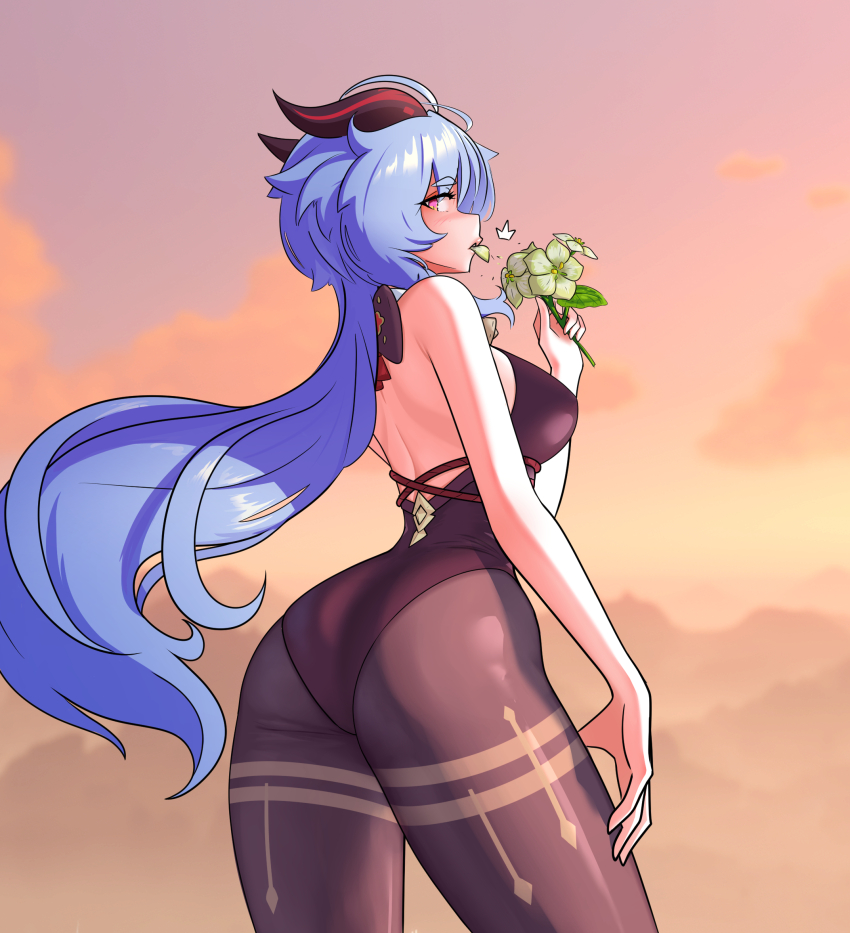 1girl adapted_costume ass ass_focus back backless_leotard bare_arms bell black_horns black_leotard blue_hair breasts brown_pantyhose cloud cloudy_sky commentary cowbell cowboy_shot dawn eating eating_flower english_commentary floating_hair flower from_behind ganyu_(genshin_impact) genshin_impact goat_girl goat_horns hair_between_eyes hand_on_own_thigh hand_up highres holding holding_flower horns huge_ass iwillsunder large_breasts leotard light_blush long_hair looking_at_viewer looking_back multicolored_horns multicolored_sky neck_bell nose orange_sky pantyhose pink_eyes pink_sky qingxin_flower red_horns sky solo strapless strapless_leotard sunset thick_thighs thighs two-tone_horns yellow_sky