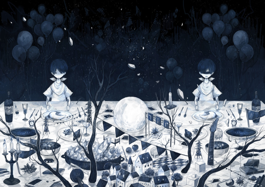 2boys alarm_clock apple arm_rest balloon bare_tree bib black_hair blindfold blue_theme bottle bowl building candle chessboard clock closed_mouth commentary_request covered_eyes crystal cup drinking_glass expressionless flag food fork fruit highres holding holding_fork holding_knife hosiiro knife male_focus moon multiple_boys open_mouth original plate shirt short_hair short_sleeves siblings t-shirt table transmission_tower tree twins white_shirt wine_bottle wine_glass