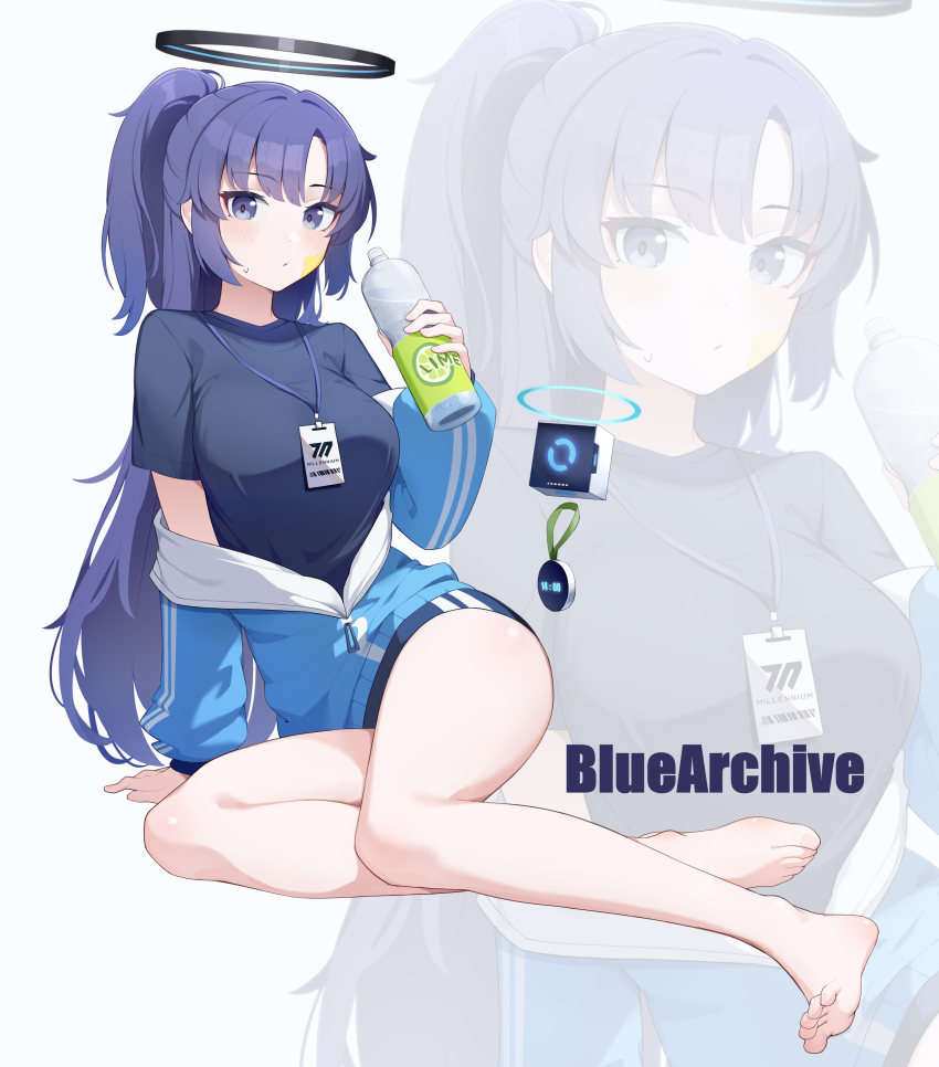 1girl absurdres arm_support barefoot black_halo black_shirt blue_archive blue_buruma blue_jacket blush bottle breasts buruma chinese_commentary closed_mouth commentary_request copyright_name drink drone feet full_body gym_uniform halo highres holding holding_bottle holding_drink id_card irain jacket jacket_partially_removed lanyard large_breasts long_hair long_sleeves looking_at_viewer mechanical_halo millennium_science_school_logo official_alternate_costume one_side_up partially_unzipped puffy_long_sleeves puffy_sleeves purple_eyes purple_hair red_pupils shirt short_sleeves sidelocks sitting solo star_(symbol) star_sticker sticker sticker_on_face sweatdrop t-shirt thighs toes track_jacket very_long_hair water_bottle white_background yuuka_(blue_archive) yuuka_(track)_(blue_archive) zoom_layer