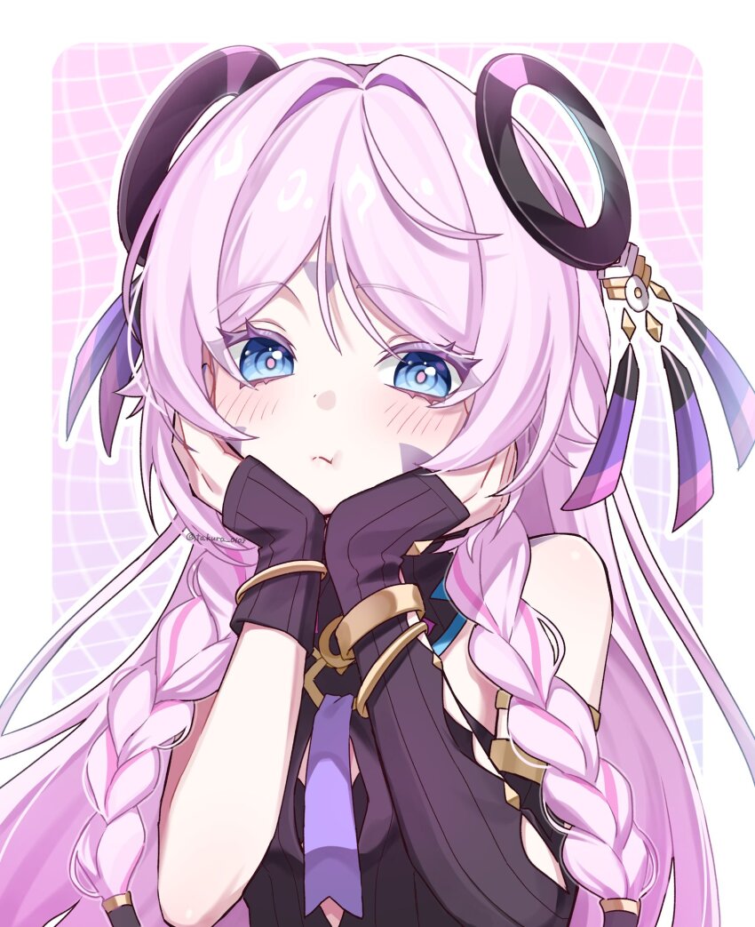 1girl armlet blue_eyes bracelet braid citlali_(genshin_impact) closed_mouth colored_pubic_hair commentary_request facial_mark floating_headgear forehead_mark genshin_impact hair_intakes hands_on_own_cheeks hands_on_own_face headgear highres jewelry long_hair looking_at_viewer parted_bangs pink_hair pink_pubic_hair pink_pupils pubic_hair ring_hair_ornament side_braids solo takura_0103 triangle triangle_facial_mark upper_body