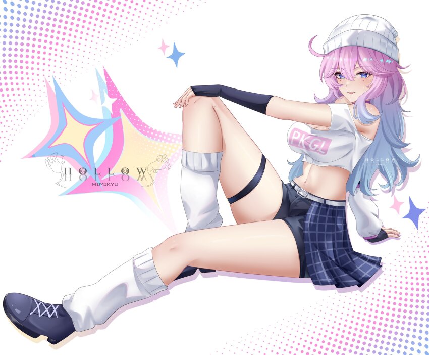 1girl :d artist_name bare_shoulders beanie belt black_gloves black_shorts blue_eyes blue_shoes blue_skirt breasts choker cleavage clothes_writing commentary commission commissioner_upload cowlick crop_top english_commentary eyeshadow facial_mark fingerless_gloves gloves half-skirt hat highres hollow_mimikyu katelyn_(sorenjerr) knee_up large_breasts long_hair looking_at_viewer loose_socks makeup mark_under_both_eyes midriff miniskirt navel off-shoulder_shirt off_shoulder open_mouth original pink_eyeshadow pink_hair purple_choker shirt shoes short_shorts short_sleeves shorts sitting skirt smile socks solo stomach thigh_strap thighs very_long_hair white_background white_belt white_hat white_shirt white_socks