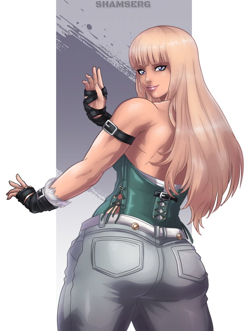 1girl alternate_costume artist_name ass bare_shoulders blonde_hair blue_eyes breasts corset denim emilie_de_rochefort fingerless_gloves from_behind gloves jeans long_hair looking_at_viewer looking_back medium_breasts pants shamserg sideboob smile solo tekken very_long_hair