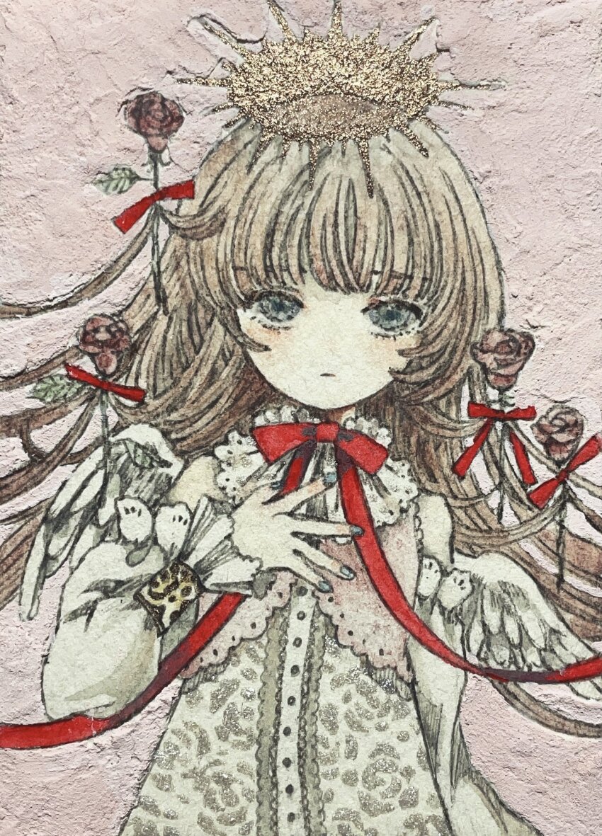 1girl acrylic_paint_(medium) blue_eyes blunt_bangs brown_hair commentary_request dress expressionless flower halo hand_on_own_chest highres karintoun lace long_hair looking_at_viewer original painting_(medium) pink_background red_flower red_ribbon red_rose ribbon rose simple_background straight-on traditional_media upper_body watercolor_(medium)