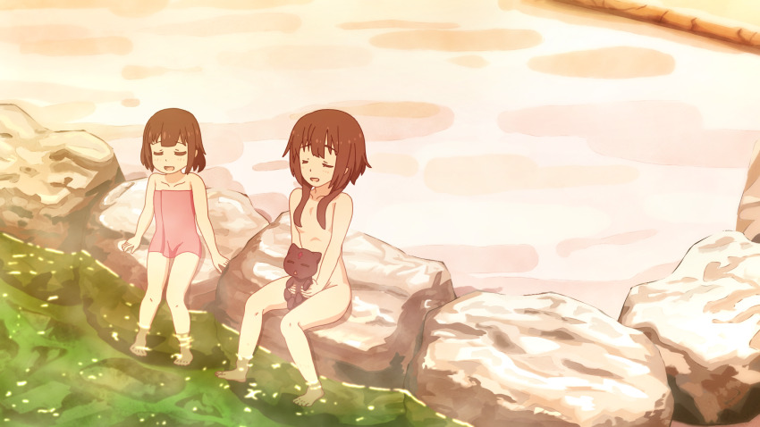 2girls animal between_legs black_cat black_hair blush cat chomusuke closed_eyes collarbone completely_nude convenient_censoring feet_in_water female_focus flat_chest full_body hair_over_shoulder highres komekko kono_subarashii_sekai_ni_shukufuku_wo! loli long_hair medium_hair megumin multiple_girls naked_towel nude onsen open_mouth outdoors sadieyule sexually_suggestive siblings sisters sitting thighs towel water yonic_symbol