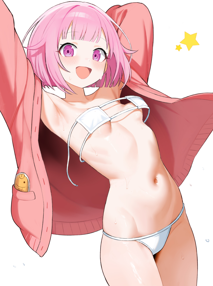 1girl absurdres arms_up bikini blunt_bangs blush bob_cut breasts commentary_request eyepatch_bikini highres jacket looking_at_viewer navel ootori_emu pink_hair pink_jacket project_sekai shenqi_xiaohuang short_hair simple_background small_breasts solo stomach strapless strapless_bikini swimsuit white_background white_bikini