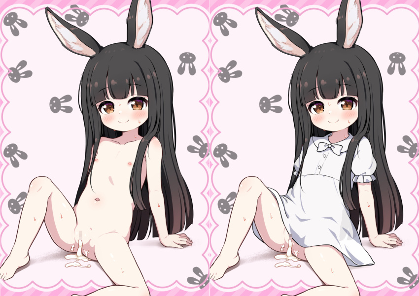 1girl after_vaginal aftersex animal_ears barefoot black_hair brown_eyes censored commentary_request commission cum cum_in_pussy cumdrip dress flat_chest knee_up loli long_hair multiple_views navel nekono_rin nipples nude original pussy rabbit_ears sitting skeb_commission smile spread_legs white_dress
