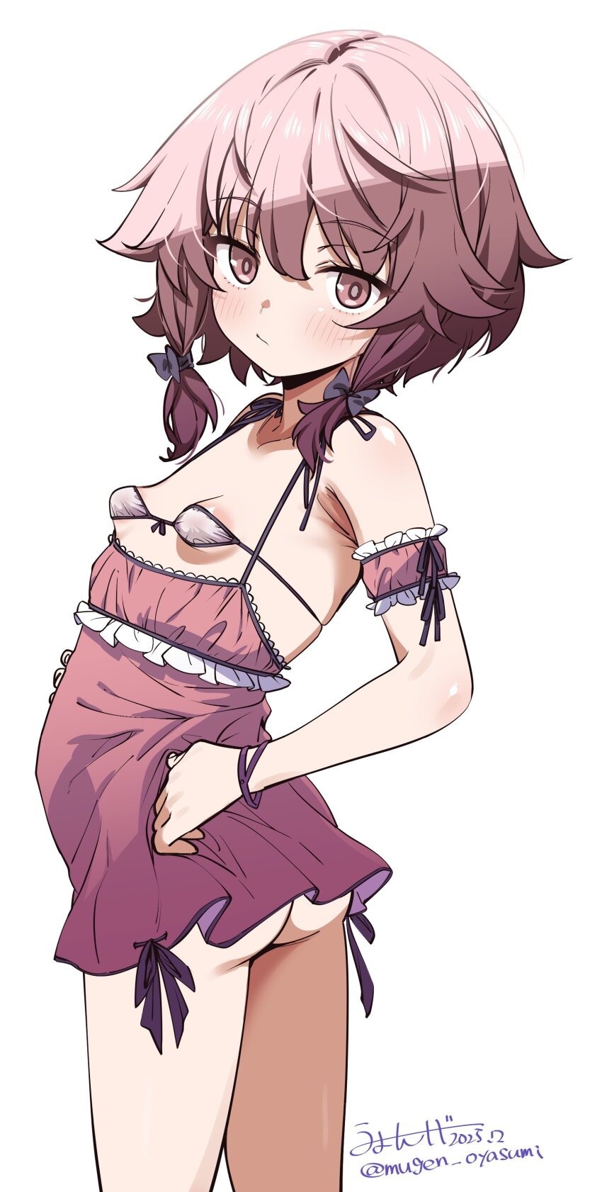 1girl absurdres ass bra breasts brown_eyes brown_hair dress from_behind hand_on_own_hip highres loli long_hair looking_back micro_bra no_panties original pink_bra purple_dress ribbon short_dress small_breasts solo standing thighs twintails umyonge_(lkakeu) underwear