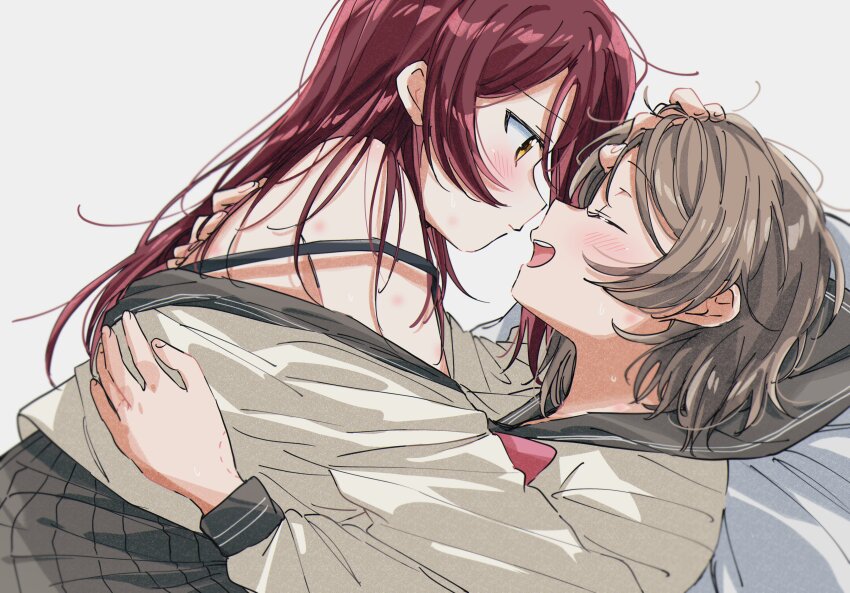 2girls absurdres bite_mark bite_mark_on_hand black_bra black_skirt blush bra closed_eyes commentary_request grey_background grey_hair grey_sailor_collar highres long_hair love_live! love_live!_sunshine!! multiple_girls open_mouth parted_lips pleated_skirt red_hair sailor_collar sakurauchi_riko school_uniform serafuku shirt short_hair simple_background skirt strap_slip underwear watanabe_you white_shirt yellow_eyes yuchi_(salmon-1000) yuri