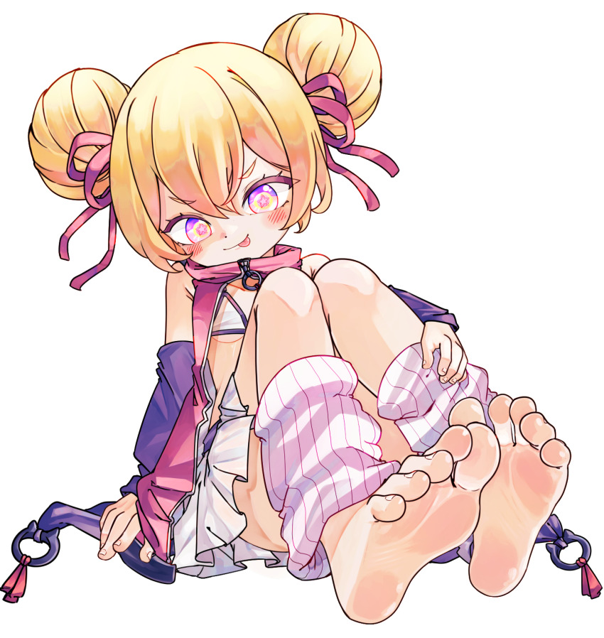 1girl barefoot blonde_hair chaosexceed commentary double_bun english_commentary feet foot_focus hair_bun highres leg_warmers original paid_reward_available soles solo toes tongue tongue_out white_background
