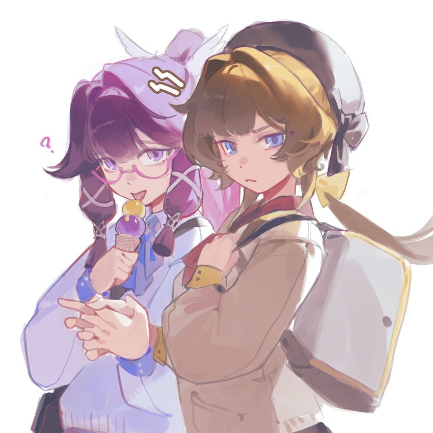 2girls :p ? absurdres alternate_costume alternate_hairstyle ascot bag beret black_bag black_hat blue_ascot blue_eyes blue_sweater_vest blunt_bangs blunt_tresses bow brown_hair brown_jacket closed_mouth columbina_(genshin_impact) commentary contemporary food frown genshin_impact glasses grey_bag hair_between_eyes hair_bow hair_intakes hair_ornament hair_ribbon hair_tubes hands_up hat high_ponytail highres holding holding_hands holding_ice_cream_cone holding_strap ice_cream ice_cream_cone interlocked_fingers jacket long_sleeves looking_at_viewer low_ponytail multiple_girls multiple_scoops pink-framed_eyewear ponytail purple_eyes purple_hair red_ascot ribbon sandrone_(genshin_impact) school_uniform semi-rimless_eyewear shoulder_bag simple_background sleeve_cuffs sweater_vest tian_luo_bo tongue tongue_out tress_ribbon under-rim_eyewear upper_body white_background white_ribbon wing_hair_ornament yellow_bow yuri