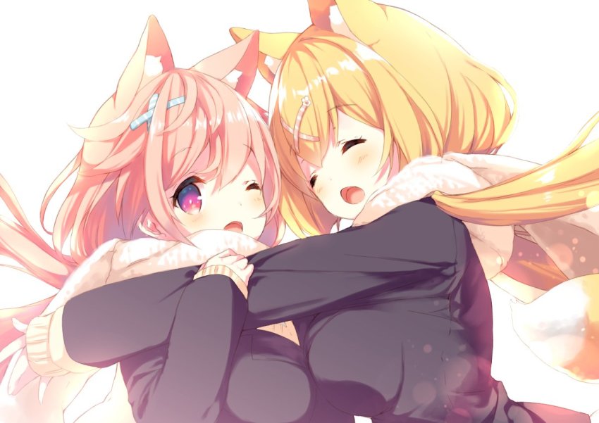2girls amamiya_aki amamiya_mei animal_ear_fluff animal_ears blonde_hair breasts bad_tag cross_hair_ornament extra_ears fox_ears fox_tail hair_ornament hairclip hug jacket long_hair low_twintails multiple_girls one_eye_closed open_mouth original p19 pink_hair red_eyes scarf siblings simple_background sisters sweater tail twintails virtual_youtuber white_background