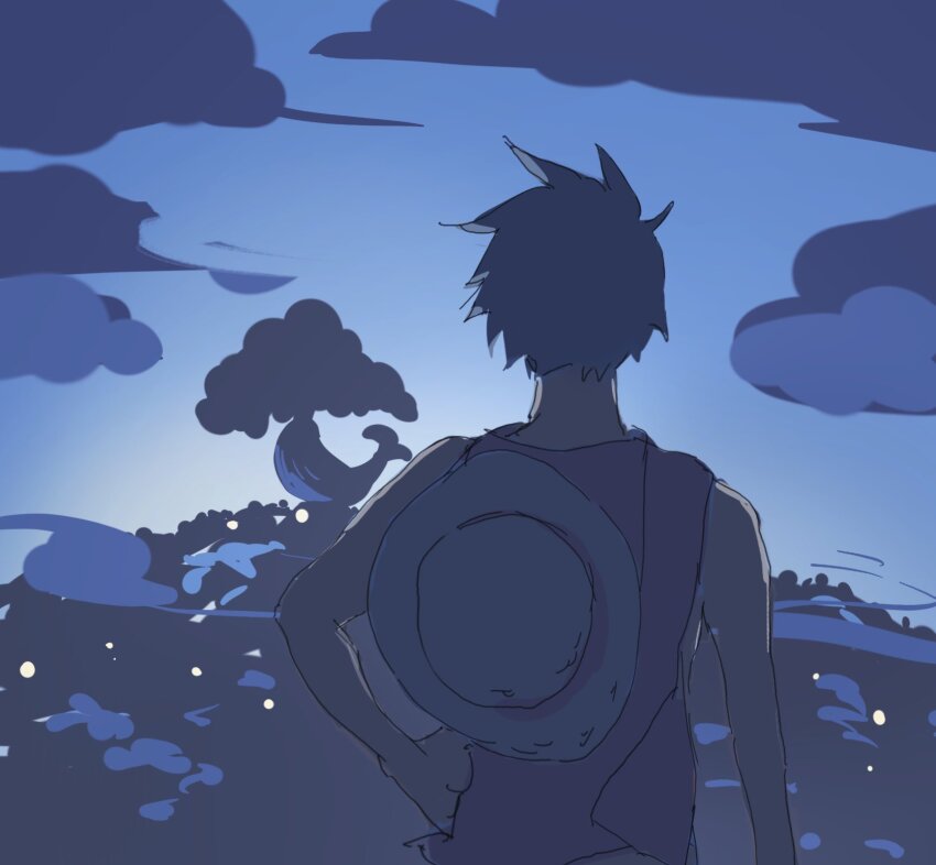 1boy back black_hair cloud hand_on_own_hip hashtag-only_commentary hat highres male_focus monkey_d._luffy mrjieshisu one_piece outdoors shirt short_hair sleeveless sleeveless_shirt solo straw_hat upper_body