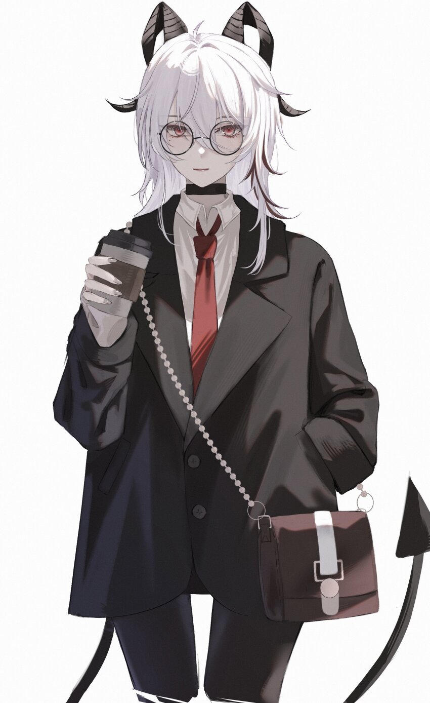 1girl absurdres ahoge alternate_costume bespectacled black_choker black_horns black_jacket black_pantyhose black_tail celly_(mogmog_99) choker closed_mouth commentary cup curled_horns demon_tail disposable_coffee_cup disposable_cup glasses hand_in_pocket highres holding holding_cup horns jacket light_smile long_hair looking_at_viewer multicolored_hair necktie pantyhose red_eyes red_necktie round_eyewear shirt simple_background solo streaked_hair tail white_background white_hair white_shirt wuthering_waves zani_(wuthering_waves)