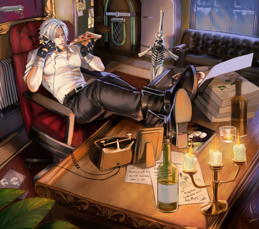 1boy alcohol antique_phone bandaged_arm bandages belt black_boots black_gloves black_pants blue_eyes boots bottle brown_belt candle candlelight candlestand chair collarbone collared_shirt commentary couch crossed_ankles dante_(devil_may_cry) devil_may_cry_(series) door english_commentary english_text fingerless_gloves food full_body glass gloves gun hand_up handgun henoopd highres holding holding_food holding_phone holding_pizza indoors jukebox legs_on_table looking_to_the_side magazine_(object) male_focus medium_hair nose office_chair on_chair pants parted_lips phone picture_frame pizza pizza_box pizza_slice plant poster_(object) radiator rebellion_(sword) red_carpet refrigerator shirt sitting sleeves_rolled_up smile solo swivel_chair table toned toned_male weapon white_hair white_shirt window