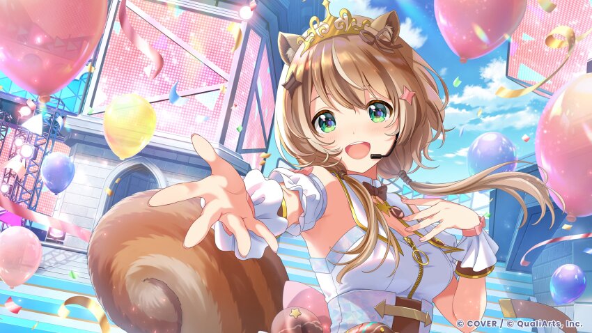 1girl :d absurdres animal_ears ayunda_risu balloon blue_sky bow bowtie breasts brown_bow brown_bowtie brown_hair cloud commentary_request concert confetti copyright_name corset day detached_collar gold_tiara green_eyes hair_ornament hand_up headset highres hololive hololive_dreams hololive_indonesia long_hair looking_at_viewer low_twintails medium_breasts official_alternate_costume official_art open_mouth outstretched_arm reaching reaching_towards_viewer shirt sky sleeveless sleeveless_shirt smile solo squirrel_ears squirrel_girl squirrel_tail star_(symbol) star_hair_ornament tail teeth twintails upper_body upper_teeth_only virtual_youtuber white_corset white_shirt white_streaks wrist_cuffs
