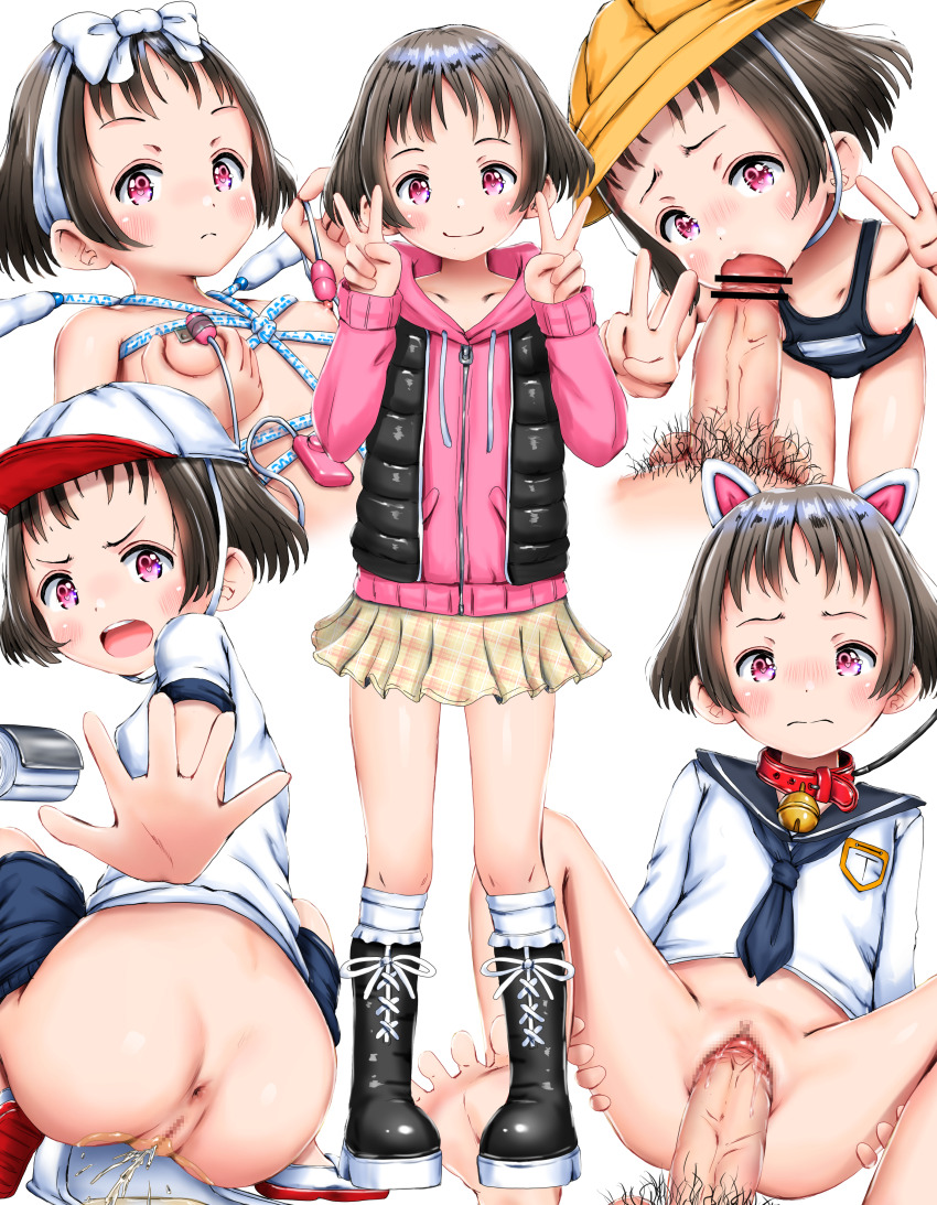 1boy 5girls animal_ears ass bdsm black_hair blush boots bottomless breasts censored cleft_of_venus clothes_pull collage embarrassed erection fake_animal_ears fat_mons fellatio flat_chest from_behind girl_on_top gym_uniform hat hetero higeepon highres jump_rope just_the_tip large_penis loli looking_at_viewer multiple_girls nipples oral peeing penis plaid_clothes plaid_skirt school_hat school_uniform serafuku sex sex_toy shorts shorts_pull skirt small_breasts smile squat_toilet swimsuit tagme third-party_edit v vaginal vibrator